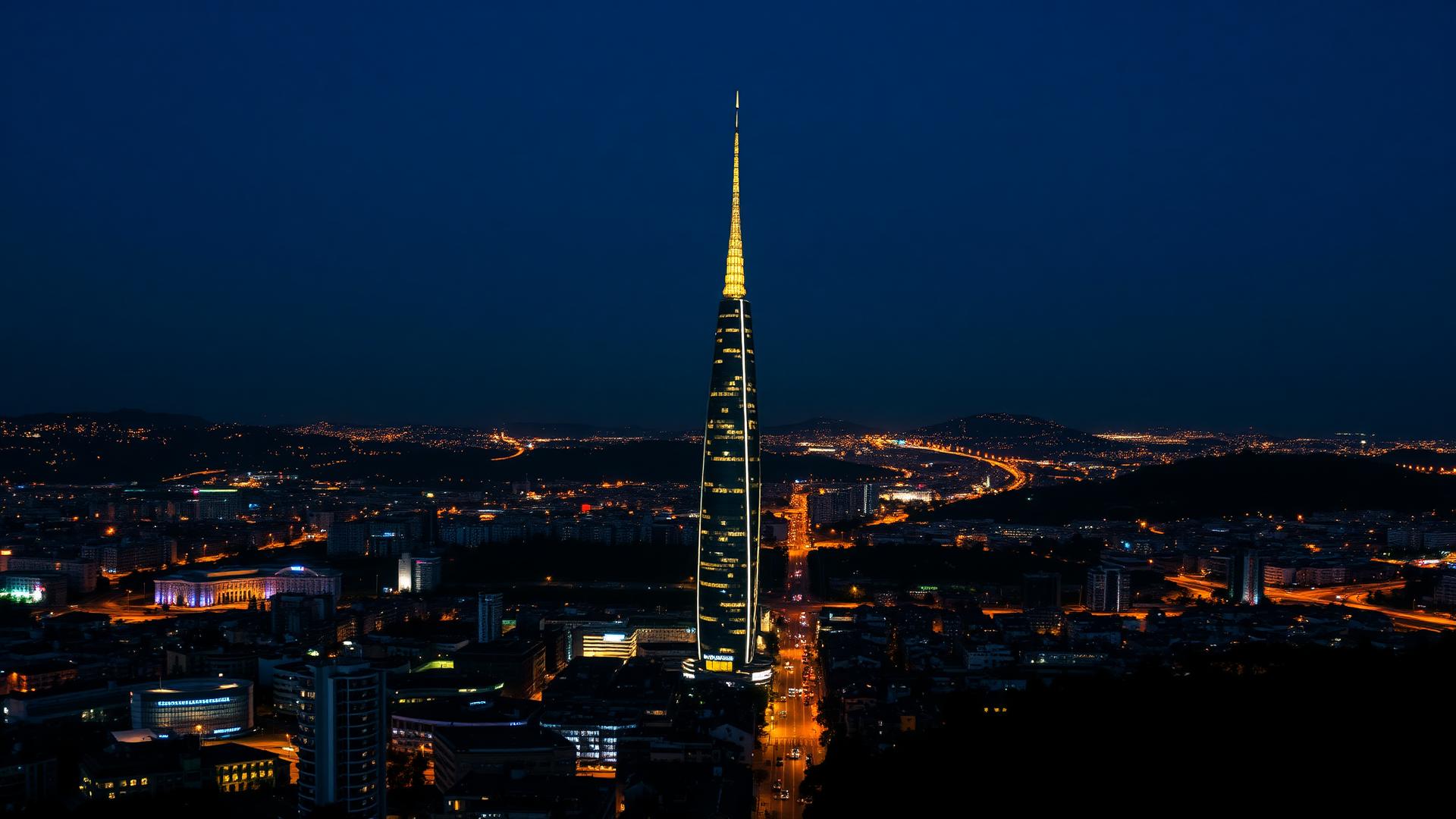 Aerial dusk view of Tbilisi with the illuminated tower
